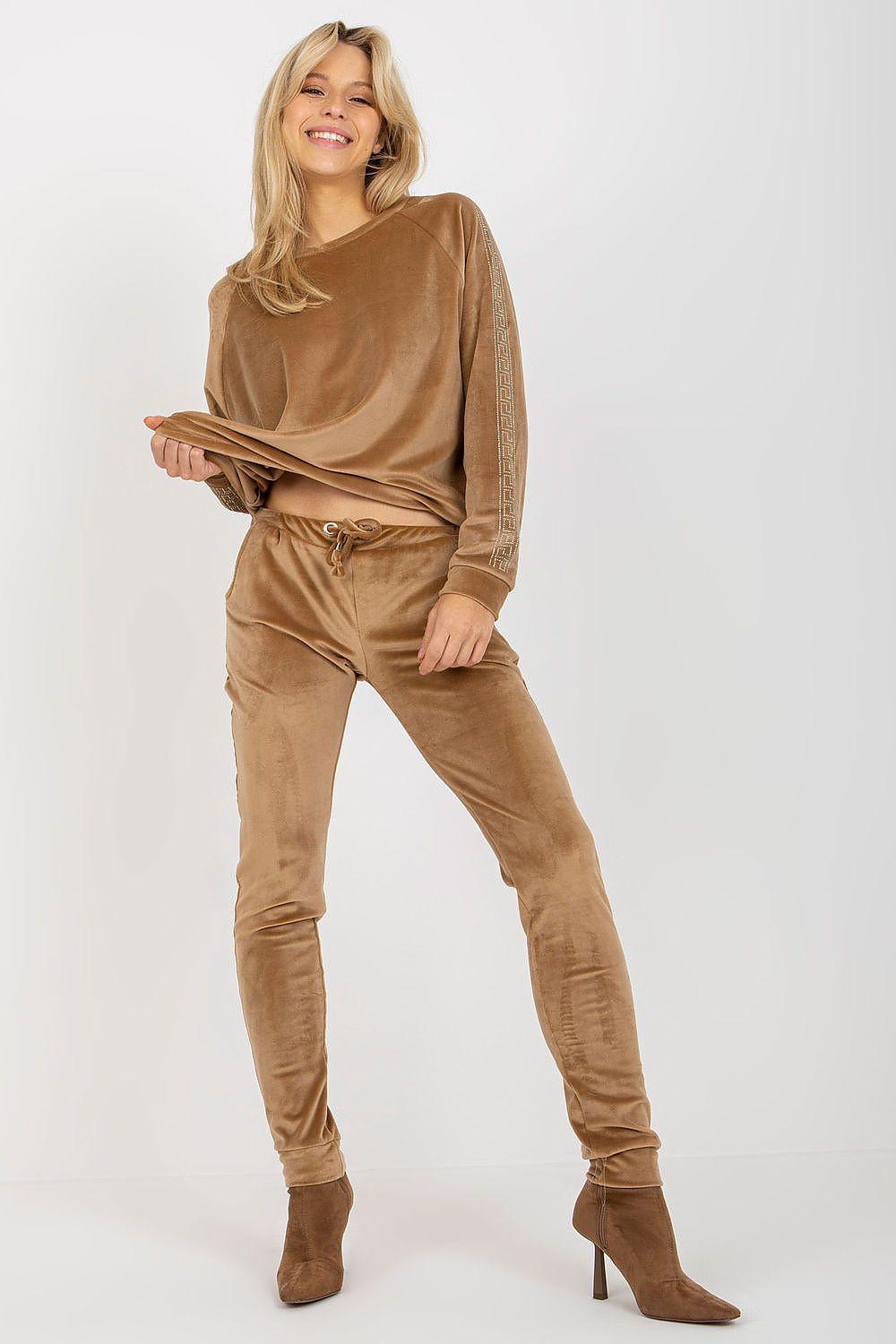 Velour tracksuit set in tan: crew sweatshirt and drawstring joggers with cuffs