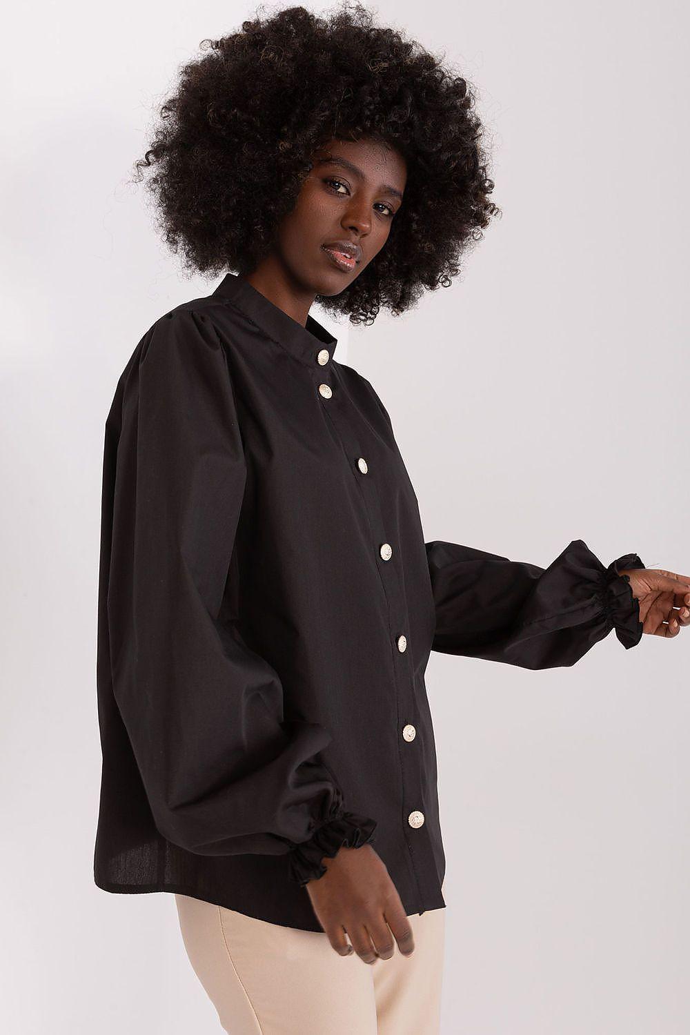 Black long sleeve shirt with button placket and cuffed puff sleeves