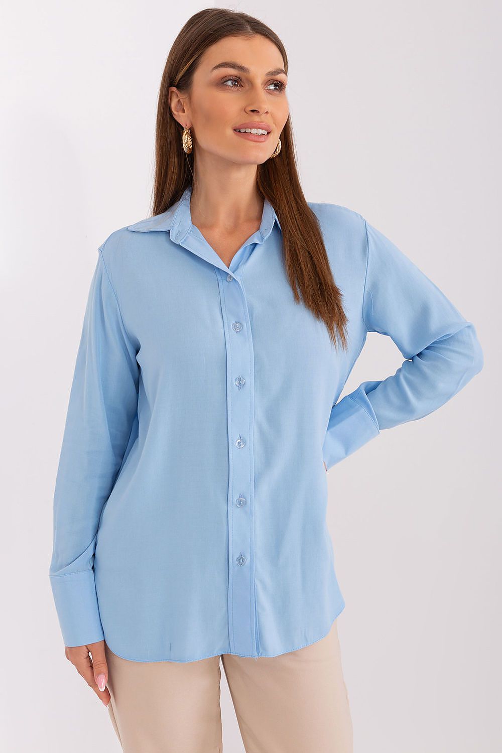 Blue long-sleeve button-up shirt with collared neckline