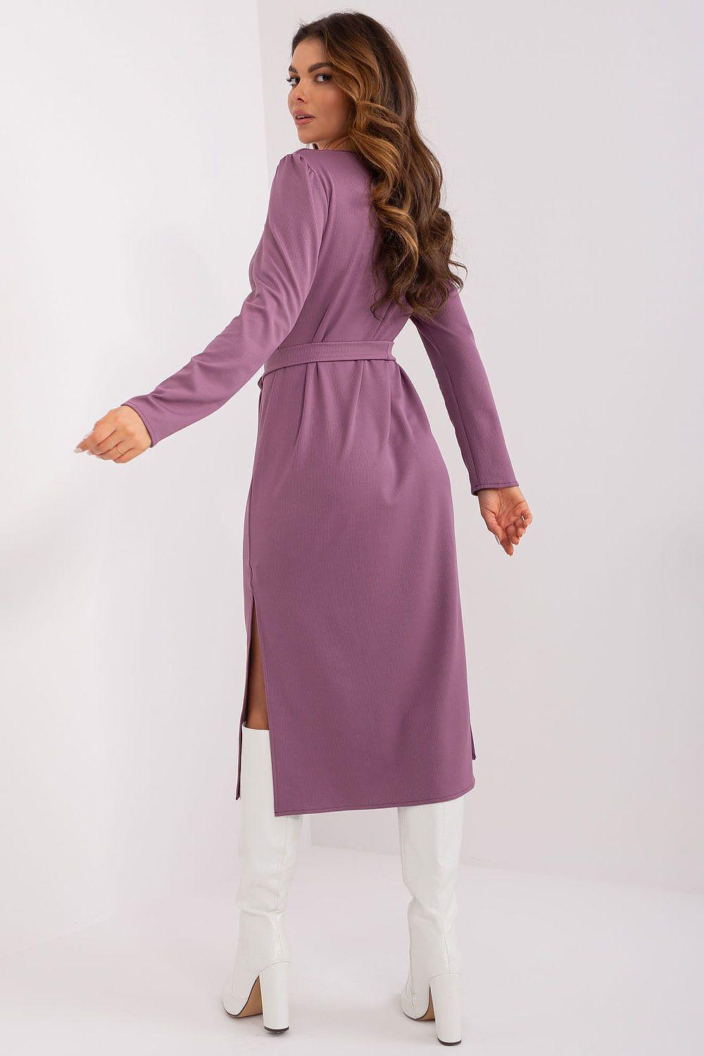 Mauve midi daydress with long sleeves, tied waist belt, and front side slit
