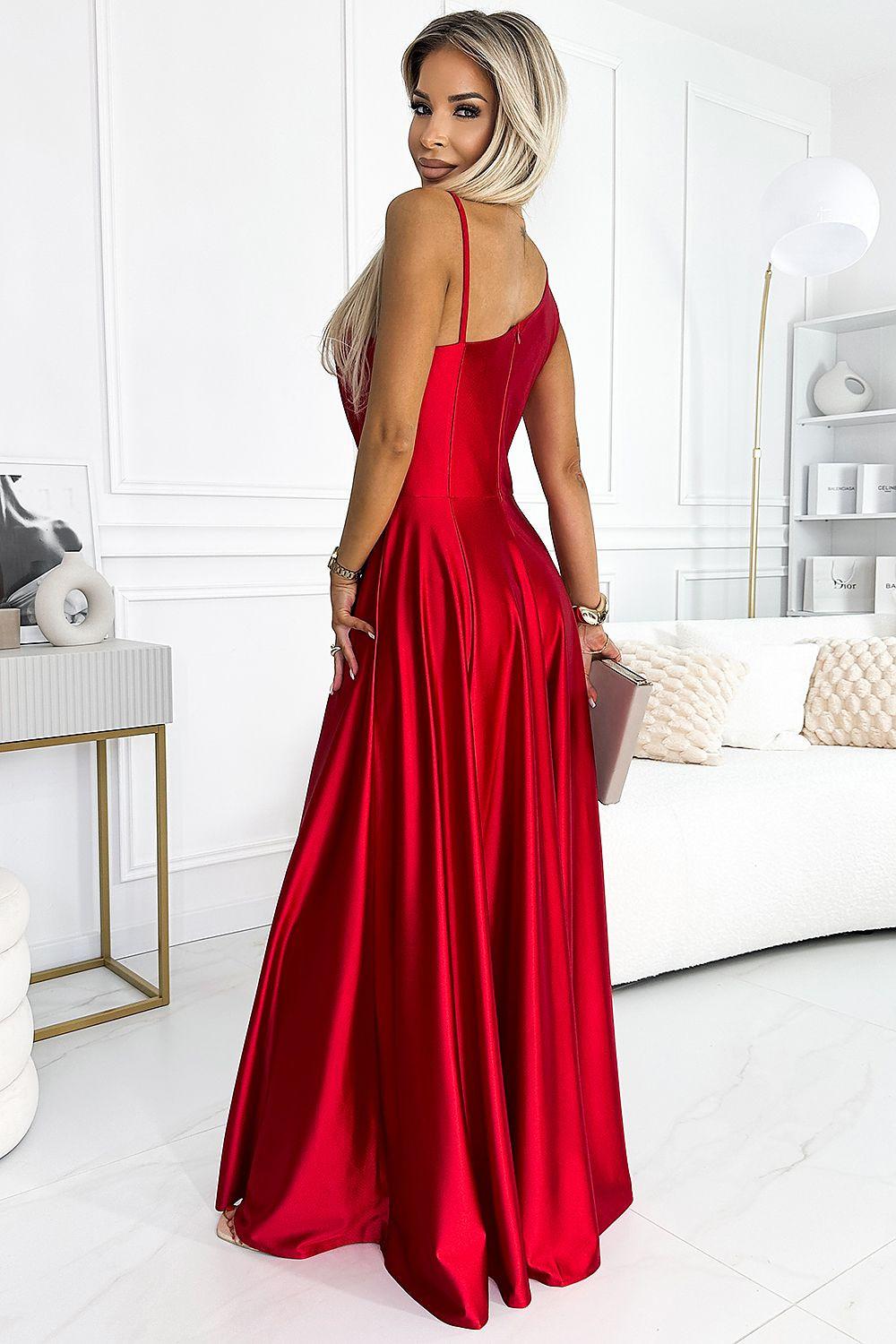 Red long dress with thin straps and open back, fitted bodice, full skirt