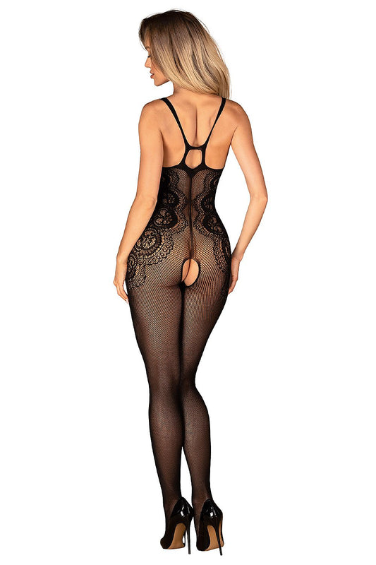 Black sheer mesh bodystocking with open back, lace cutouts, and full-length legs