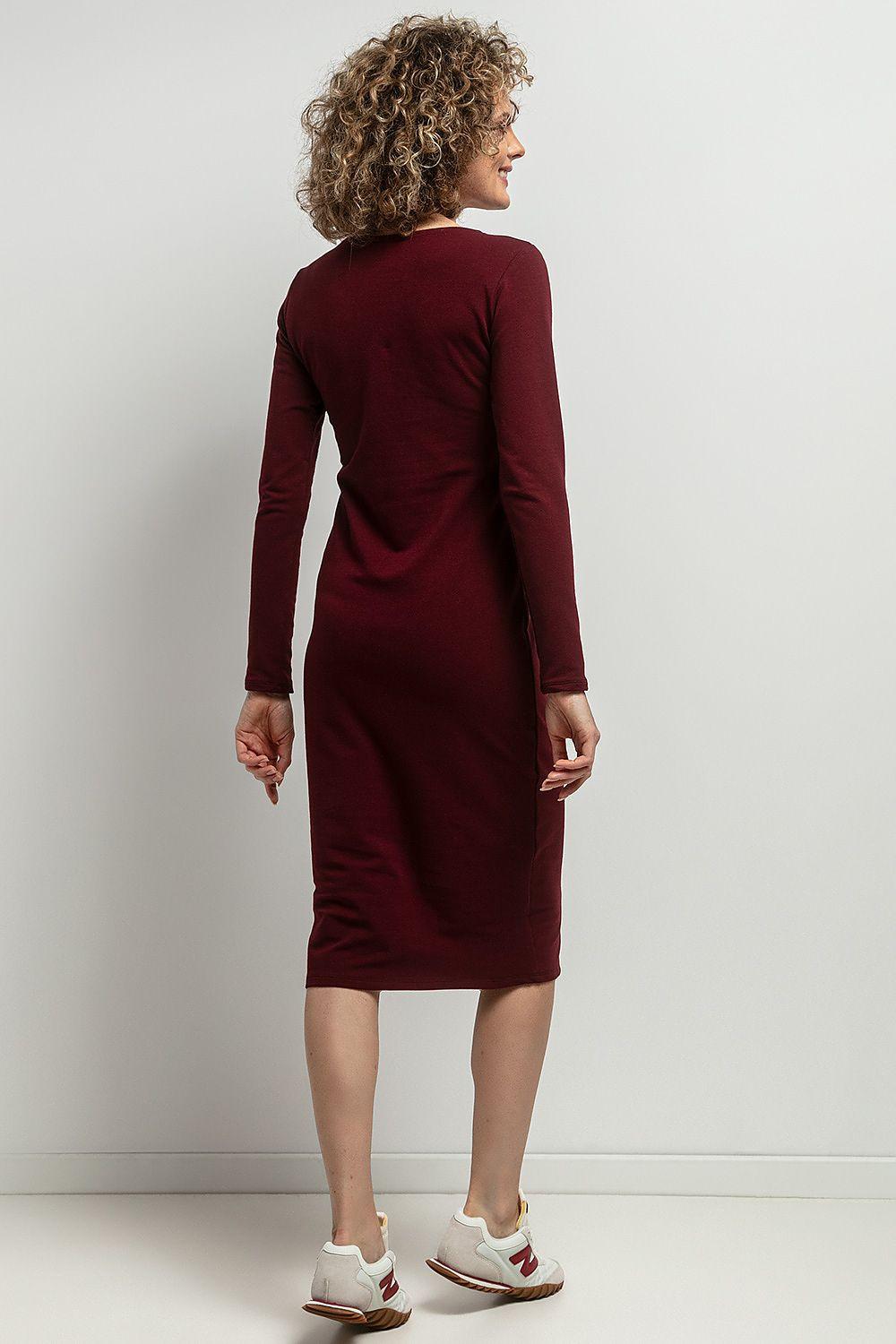 Burgundy long-sleeve daydress, knee-length, round neckline, back view