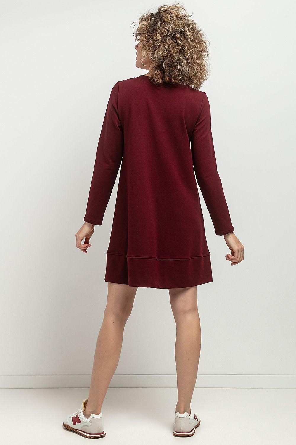 Tessita long-sleeve daydress, burgundy, crew neck, back view, above-knee hem