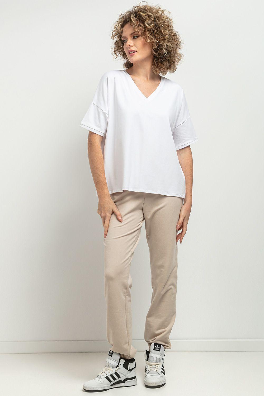 Tessita short-sleeve blouse with V-neck, white knit, clean front