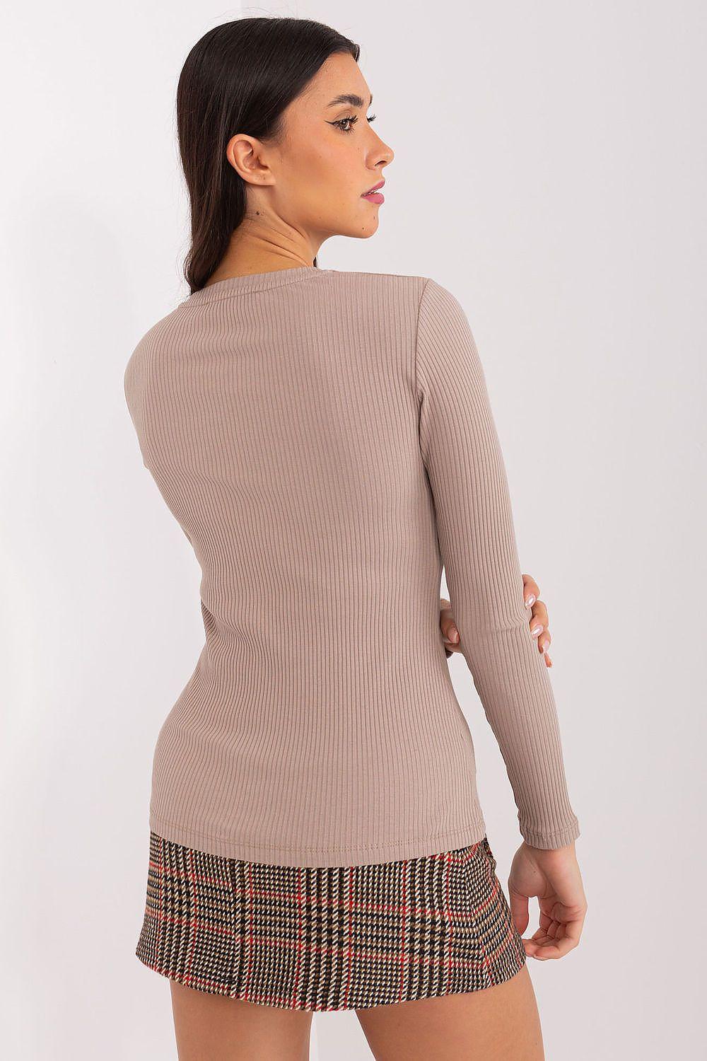 Beige ribbed knit blouse with long sleeves and crew neckline, back view.