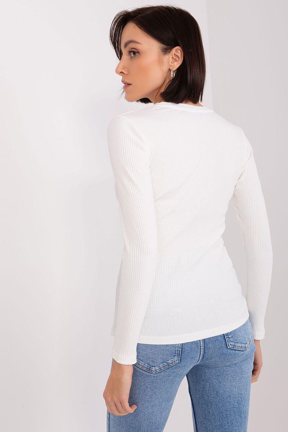 White fitted cotton blouse with long sleeves and round neckline, ribbed stripe knit back view.