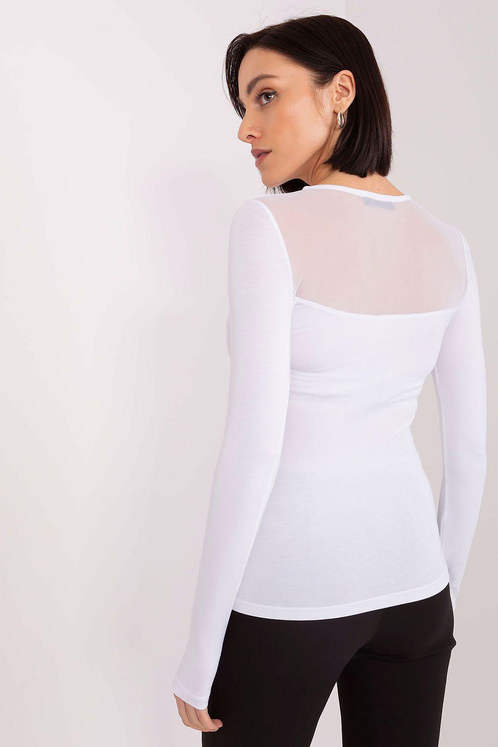 White long-sleeve fitted blouse back with sheer yoke and seam shaping
