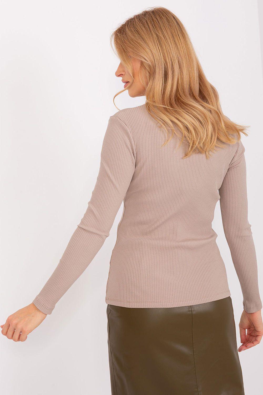 Ribbed cotton blouse with long sleeves and heart neckline, taupe, side view
