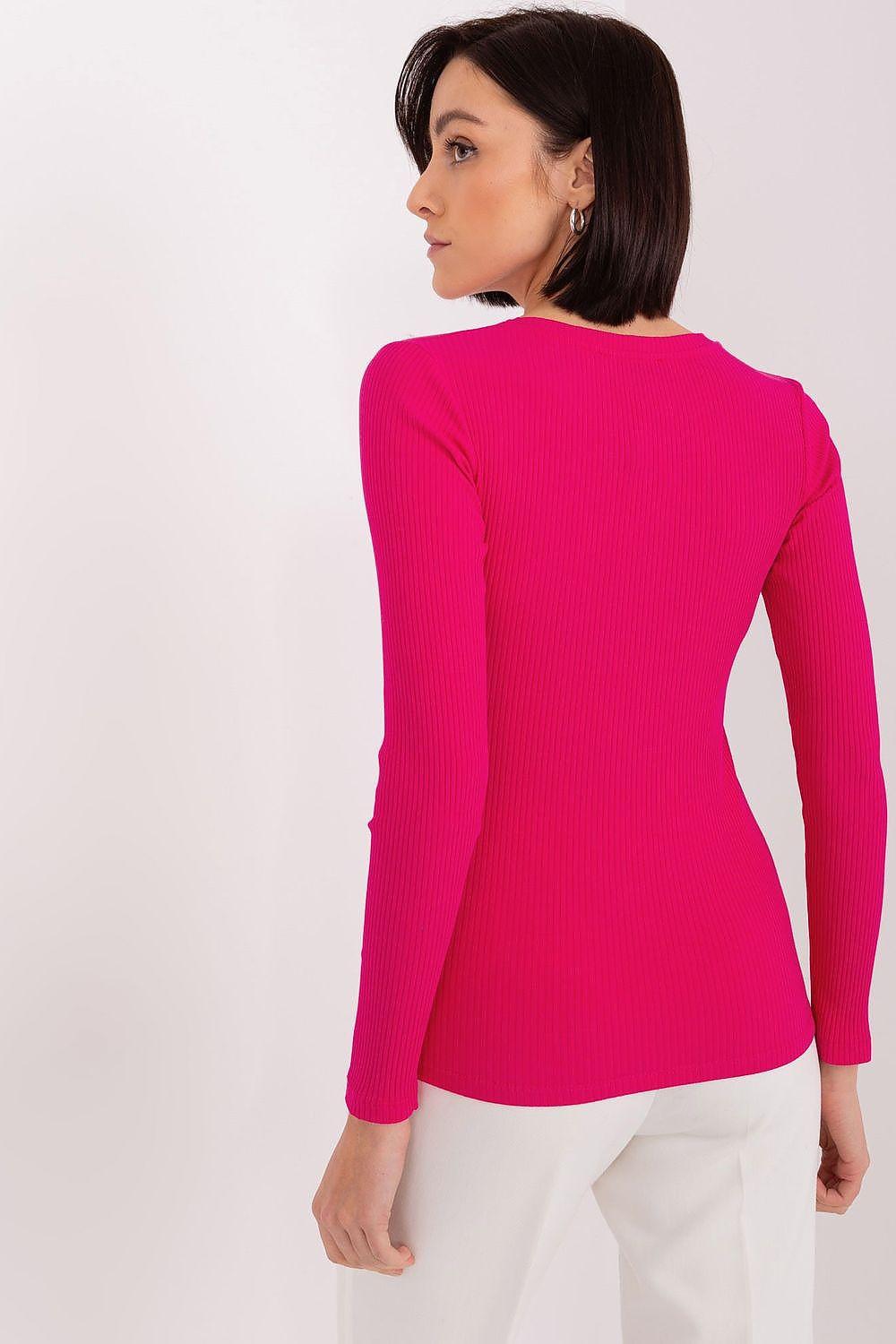Hot pink ribbed cotton blouse with long sleeves, back view