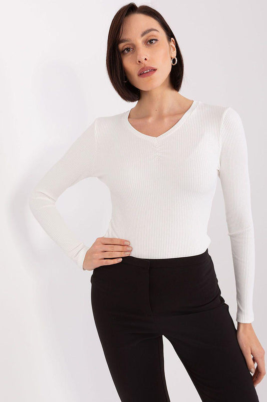 White ribbed cotton blouse with V heart neckline and long sleeves