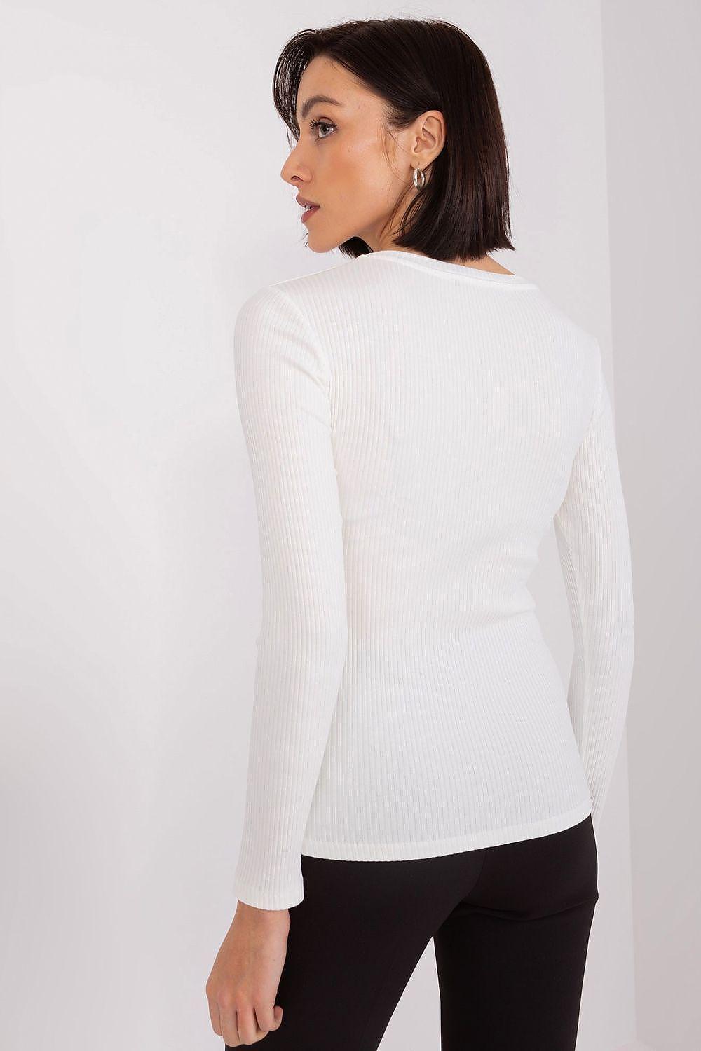 Long-sleeve knit blouse back view in light color, fitted shape and ribbed hem