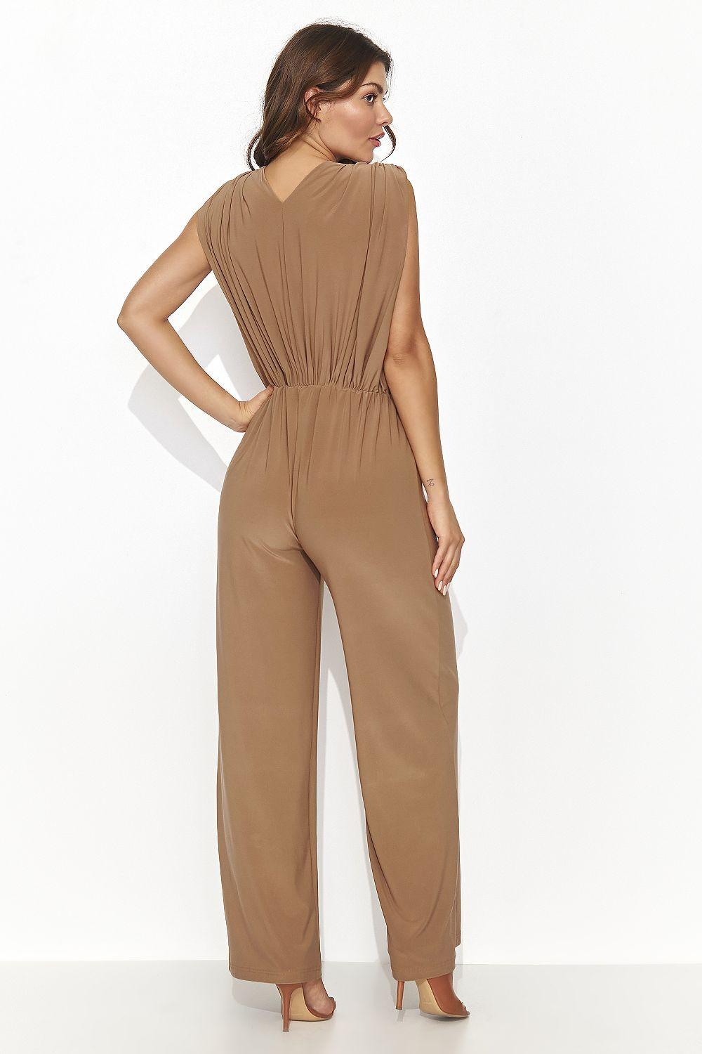 Brown sleeveless draped back jumpsuit with wide-leg pants