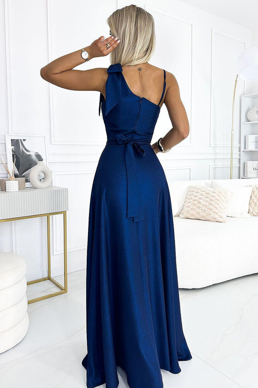Navy blue backless maxi dress with crisscross straps and waist tie