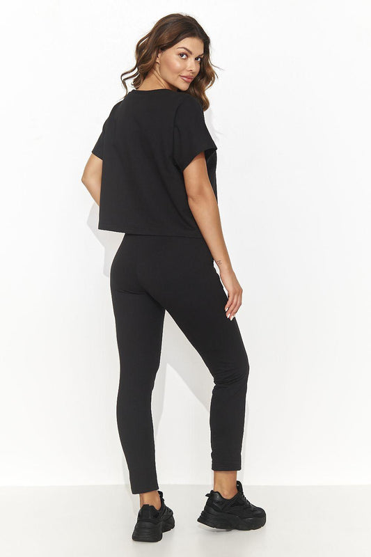 Black short-sleeve V-neck top with slim ankle pants set