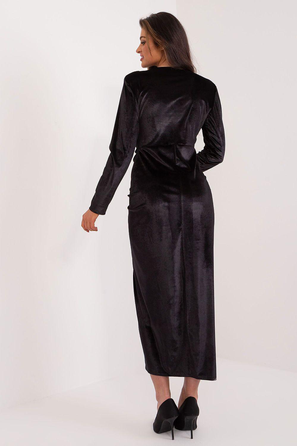Black velour evening dress with long sleeves and back view, rear slit