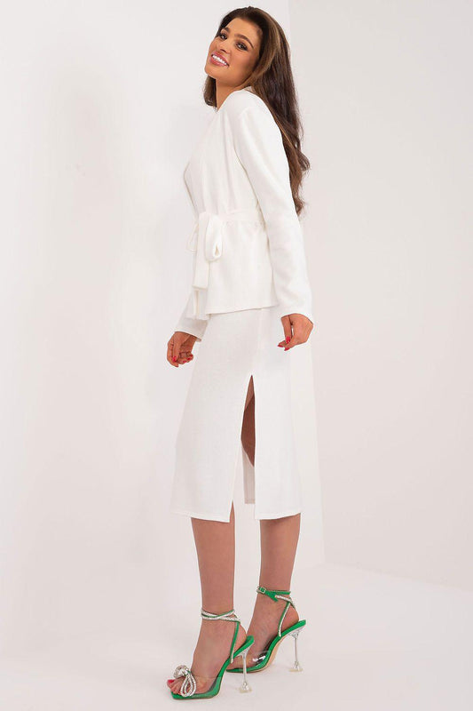 Women's white tie-waist blouse with long sleeves and midi skirt front slit