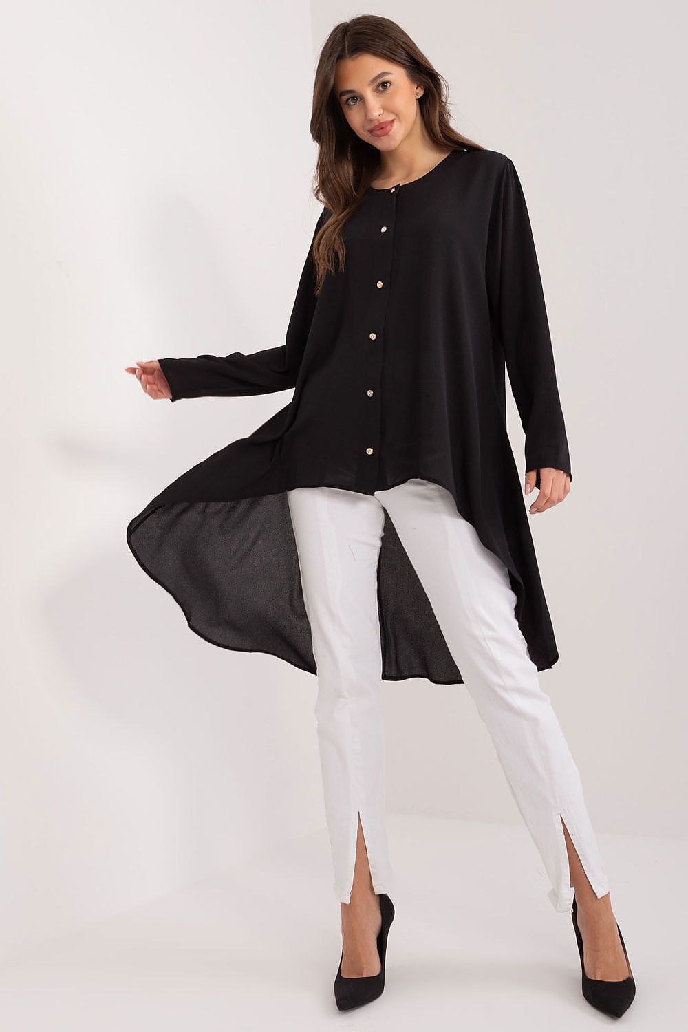 Black long-sleeve button-up shirt with asymmetrical hem and curved drape
