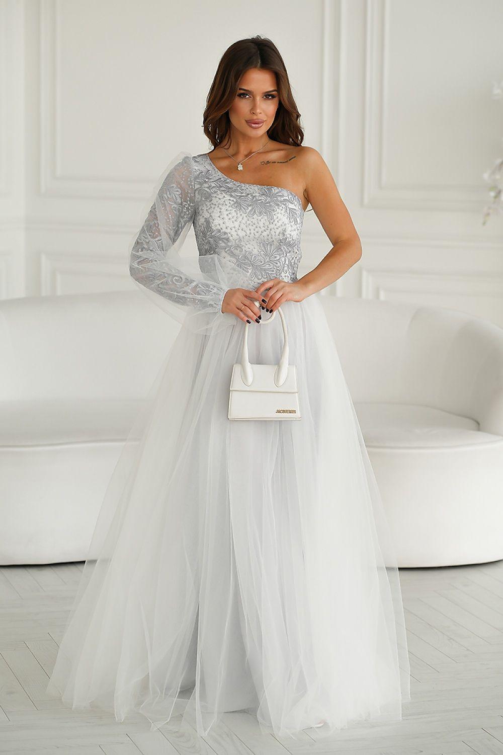 Grey one-shoulder shimmer lace maxi dress with sheer lace arm detail and full tulle skirt