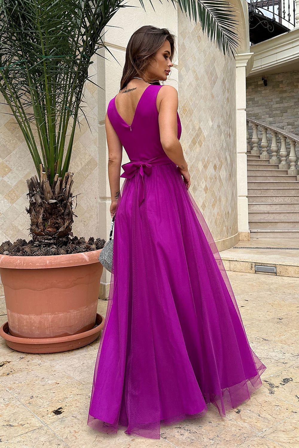 Violet backless evening dress with V-neck front, waist tie, and full skirt
