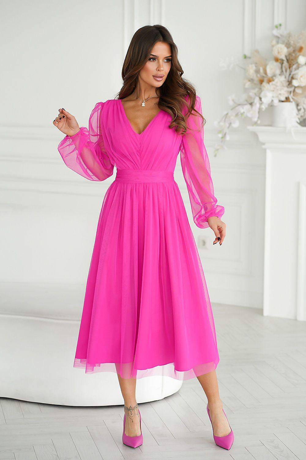 Fuchsia evening dress with V-neck bodice, long sleeves, and tiered midi skirt