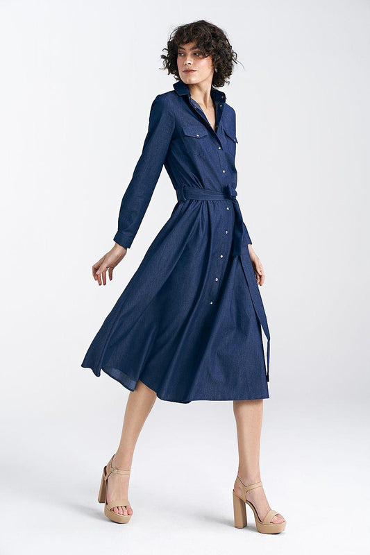 Navy belted daydress with button front, long sleeves, midi skirt, side drape