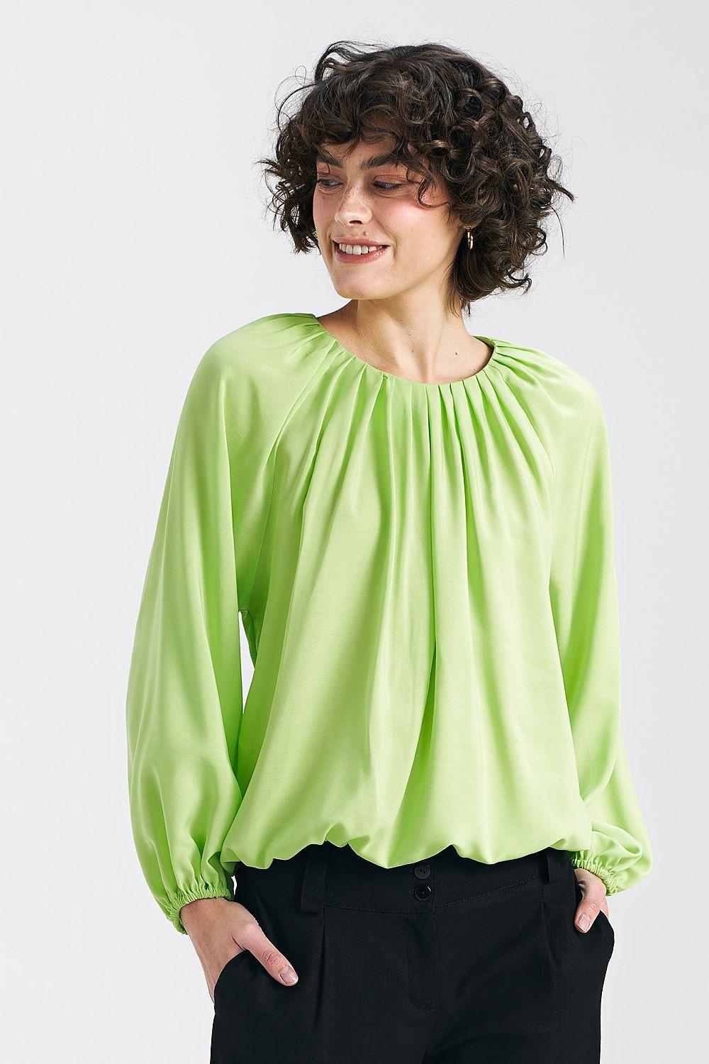 Lime green viscose blouse with pleated neckline and long sleeves