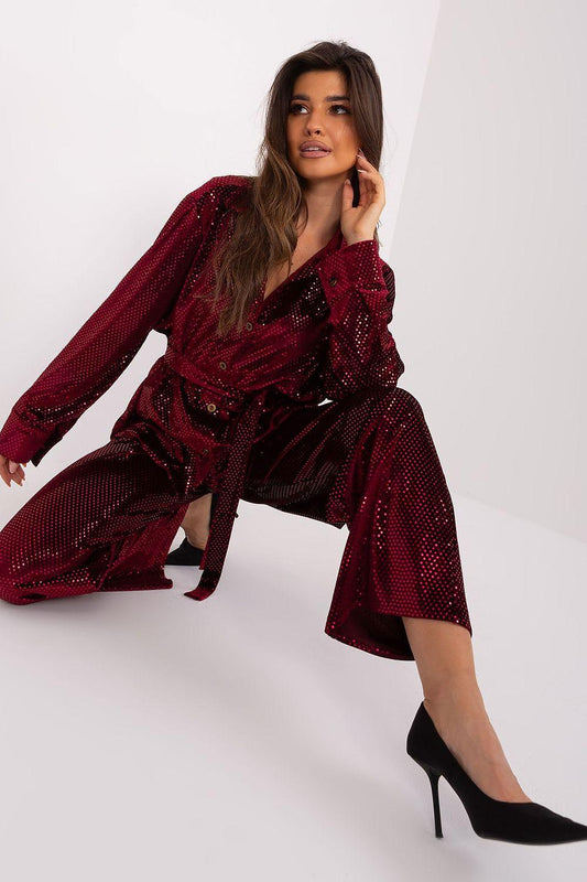 Red sequin-look two-piece pants set with long sleeves and tie-waist wide-leg trousers