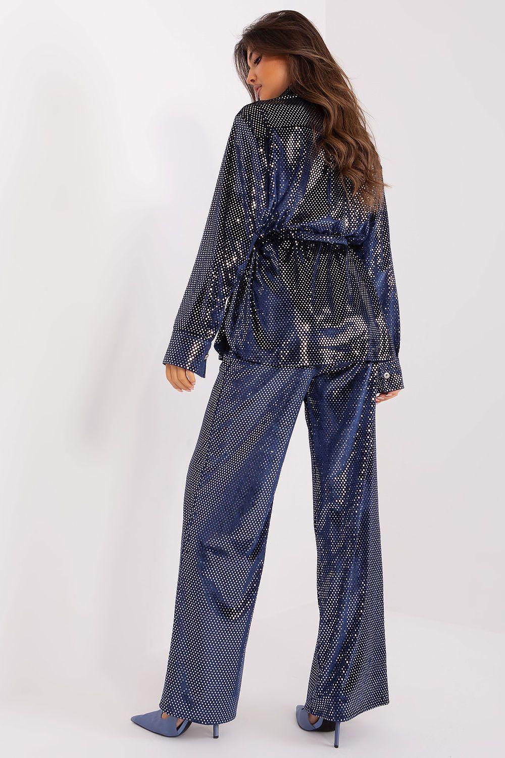 Navy sequin-look two-piece pants set with long sleeves and wide-leg trousers