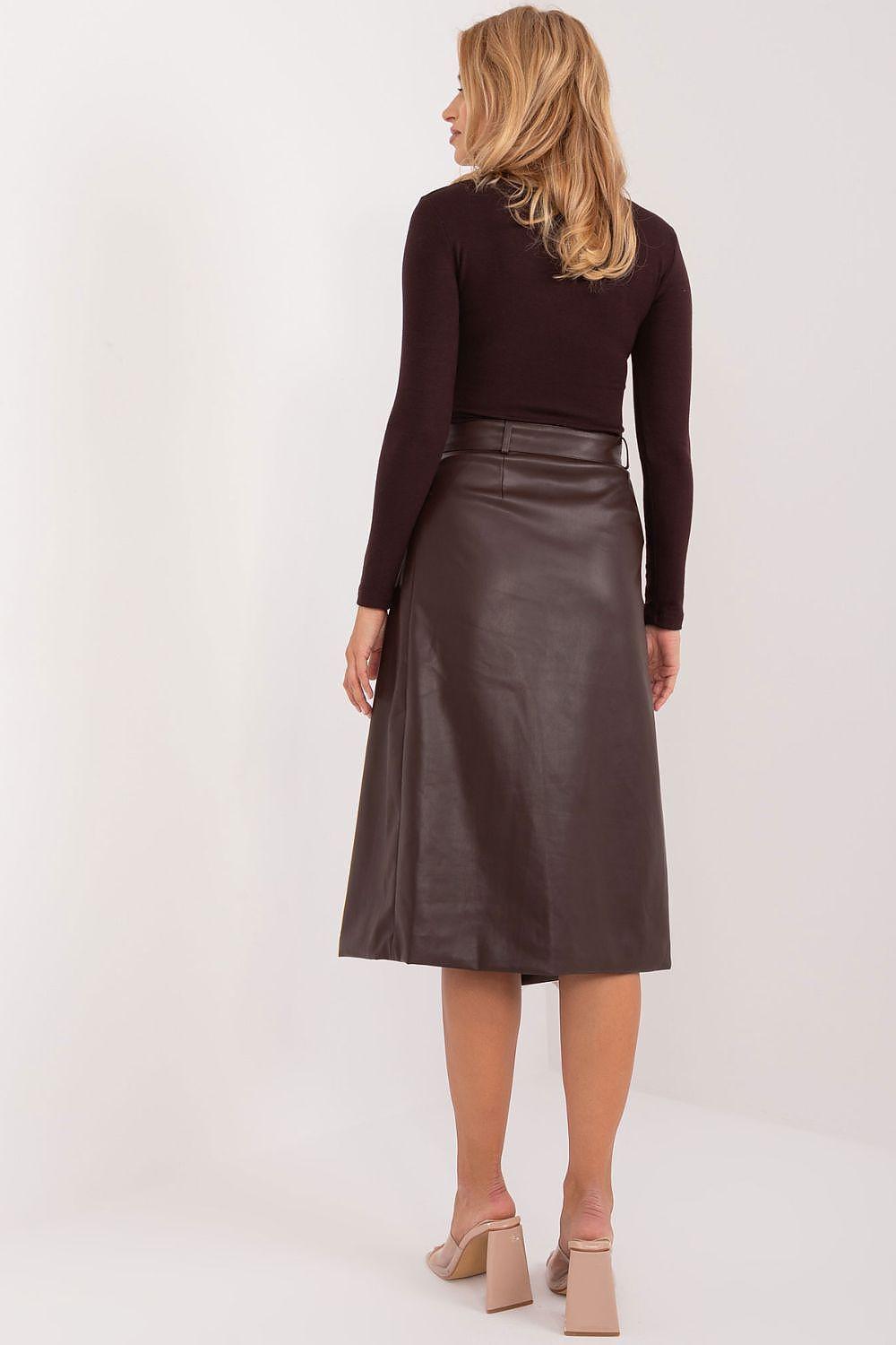 Eco-leather midi skirt with envelope front, dark brown, back view
