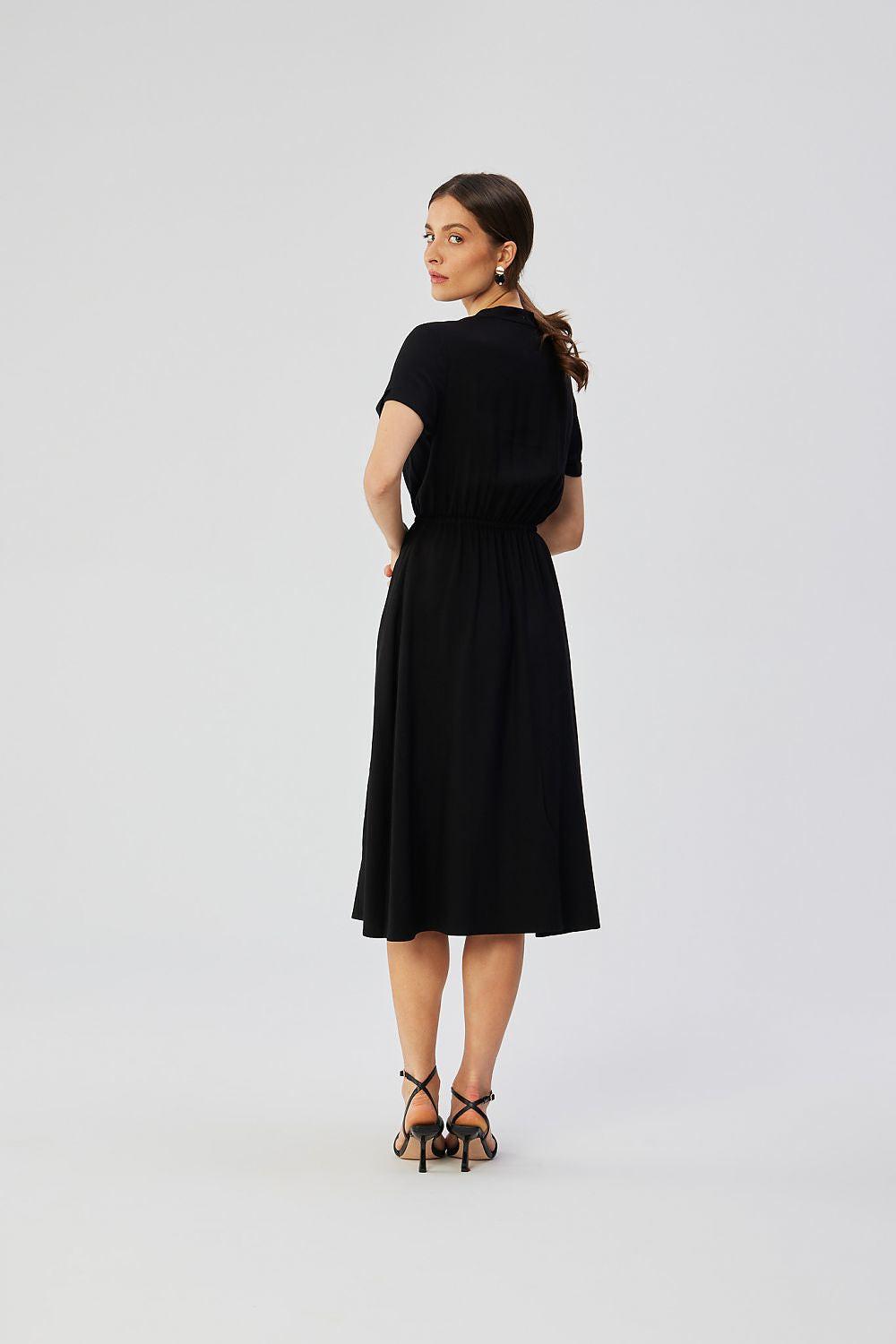 Black short-sleeve daydress with gathered waist and V-neck