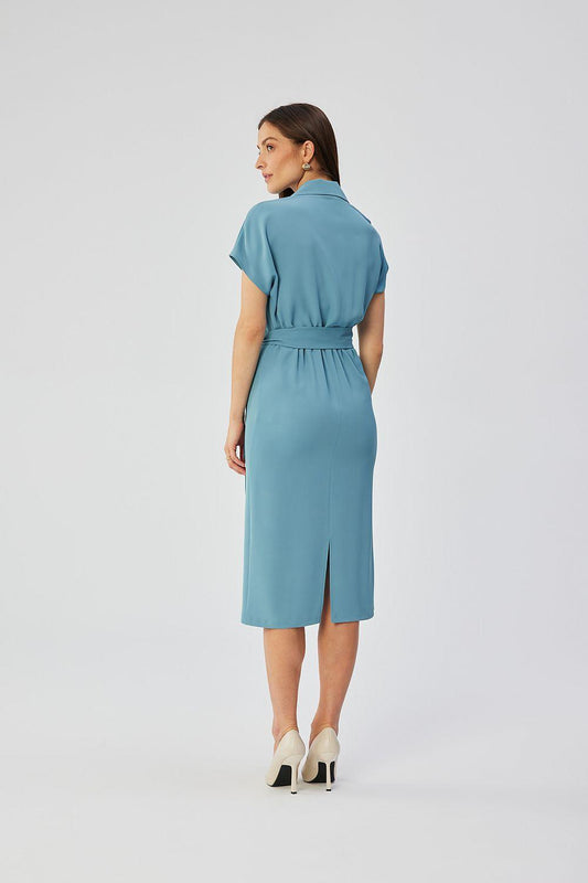 Teal midi daydress, wrap-style V-neck and back waist tie belt