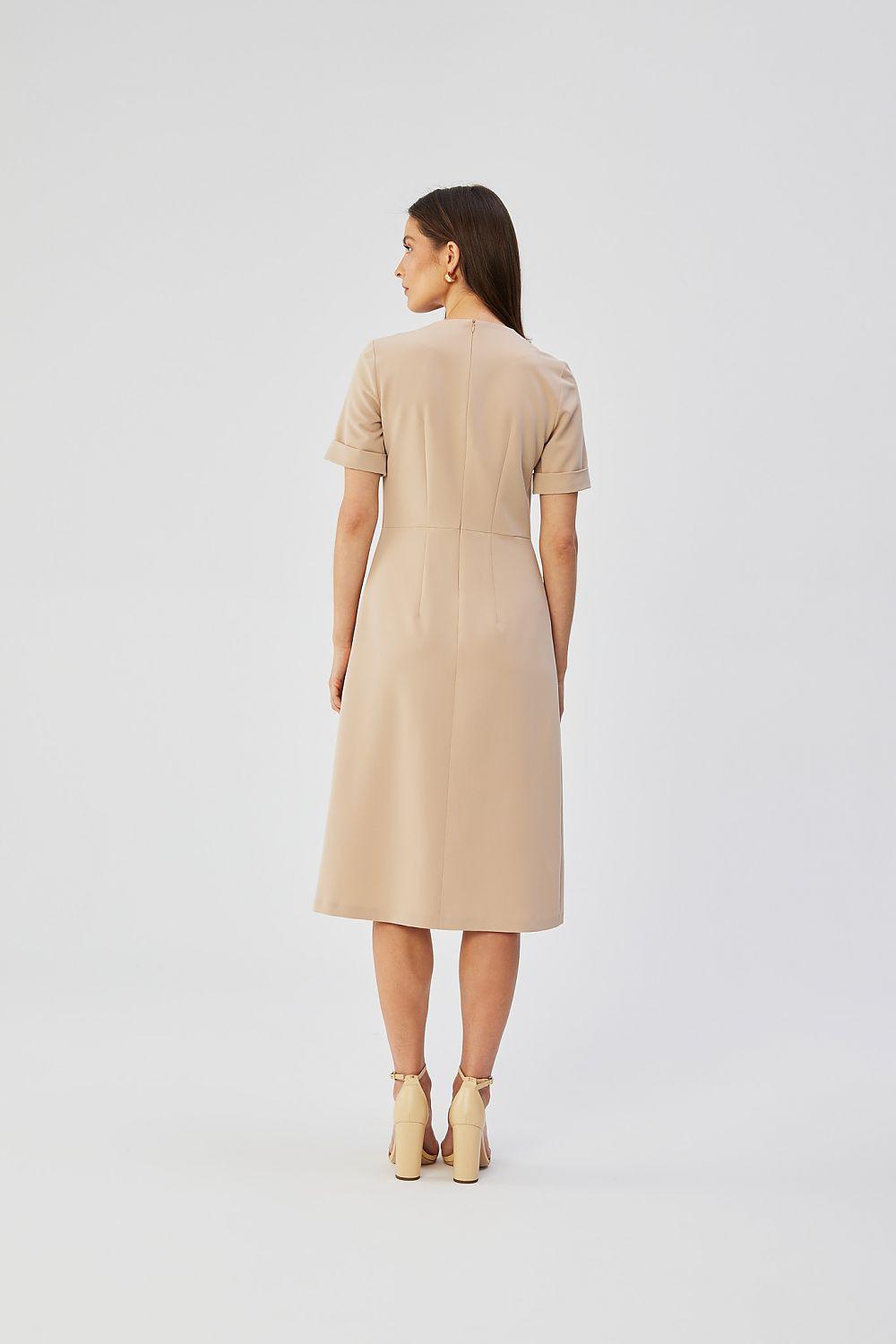 Beige pleated waist cocktail dress with short sleeves, back view