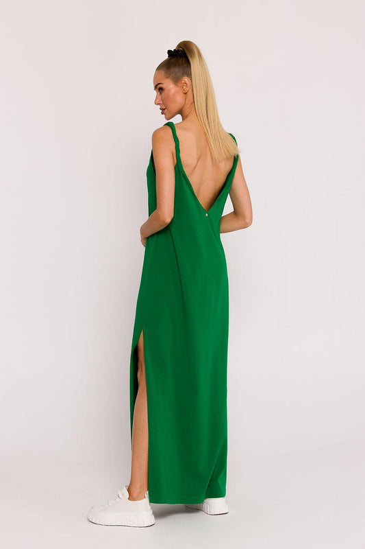 Moe daydress in green, V-neck open-back maxi dress with side slit