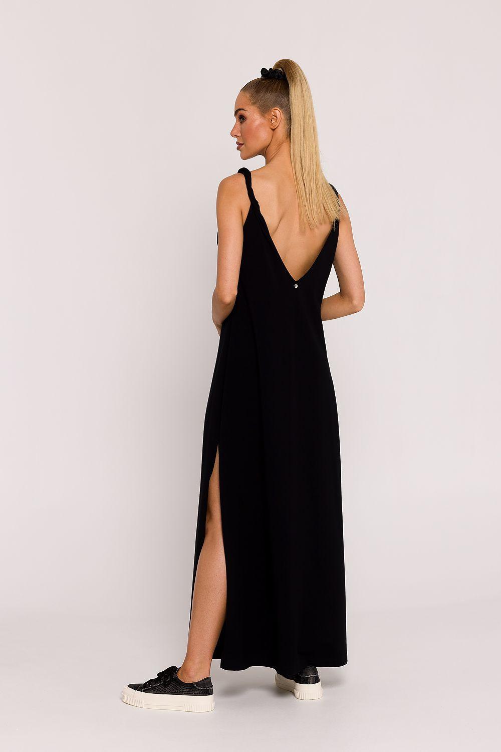 Sleeveless V-back maxi daydress in black with open back and side slit