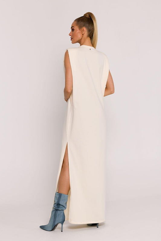 Beige sleeveless maxi day dress, scoop back and front slit