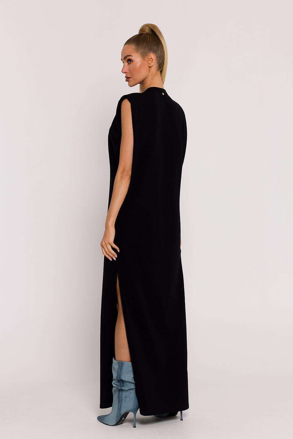 Black sleeveless maxi day dress with back yoke and side slit