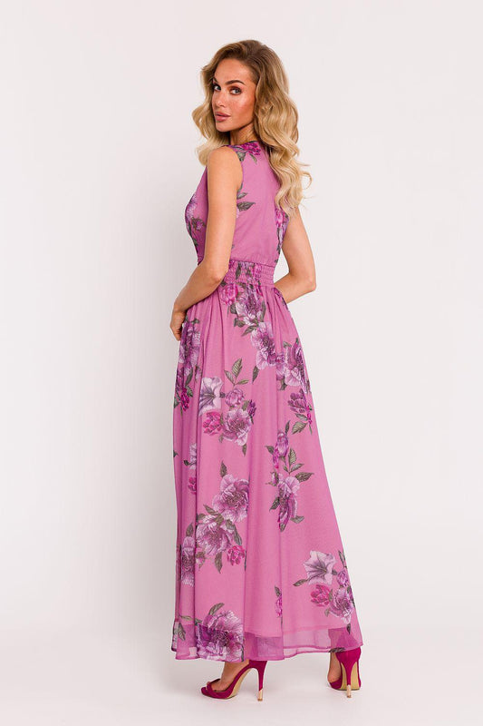 Lilac floral day dress with sleeveless bodice and flowing maxi skirt