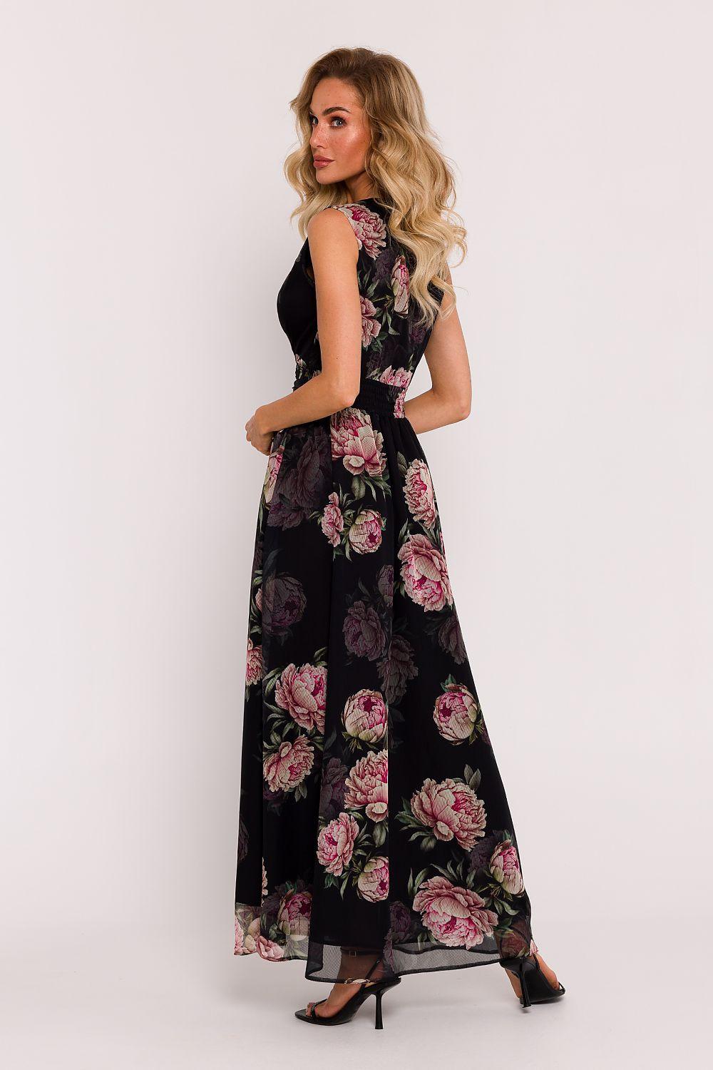 Black floral sleeveless maxi daydress with waist tie and side slit