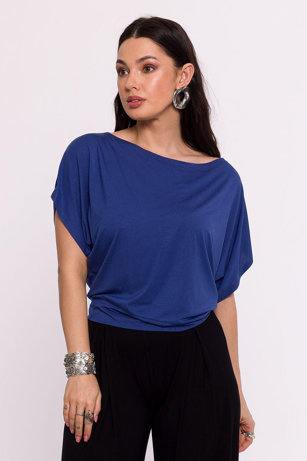 BeWear viscose blouse with batwing sleeves, blue draped top