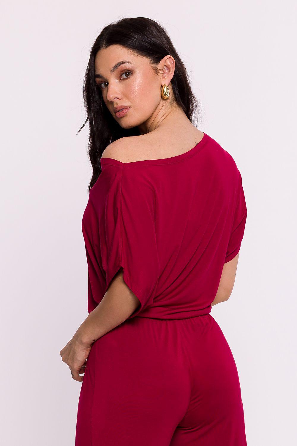 BeWear blouse model 193665 in deep red, off-shoulder drape, gathered waist