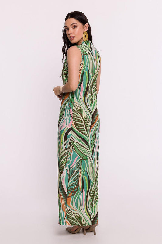 Sleeveless daydress, multicolor leaf print, V-neck, side view