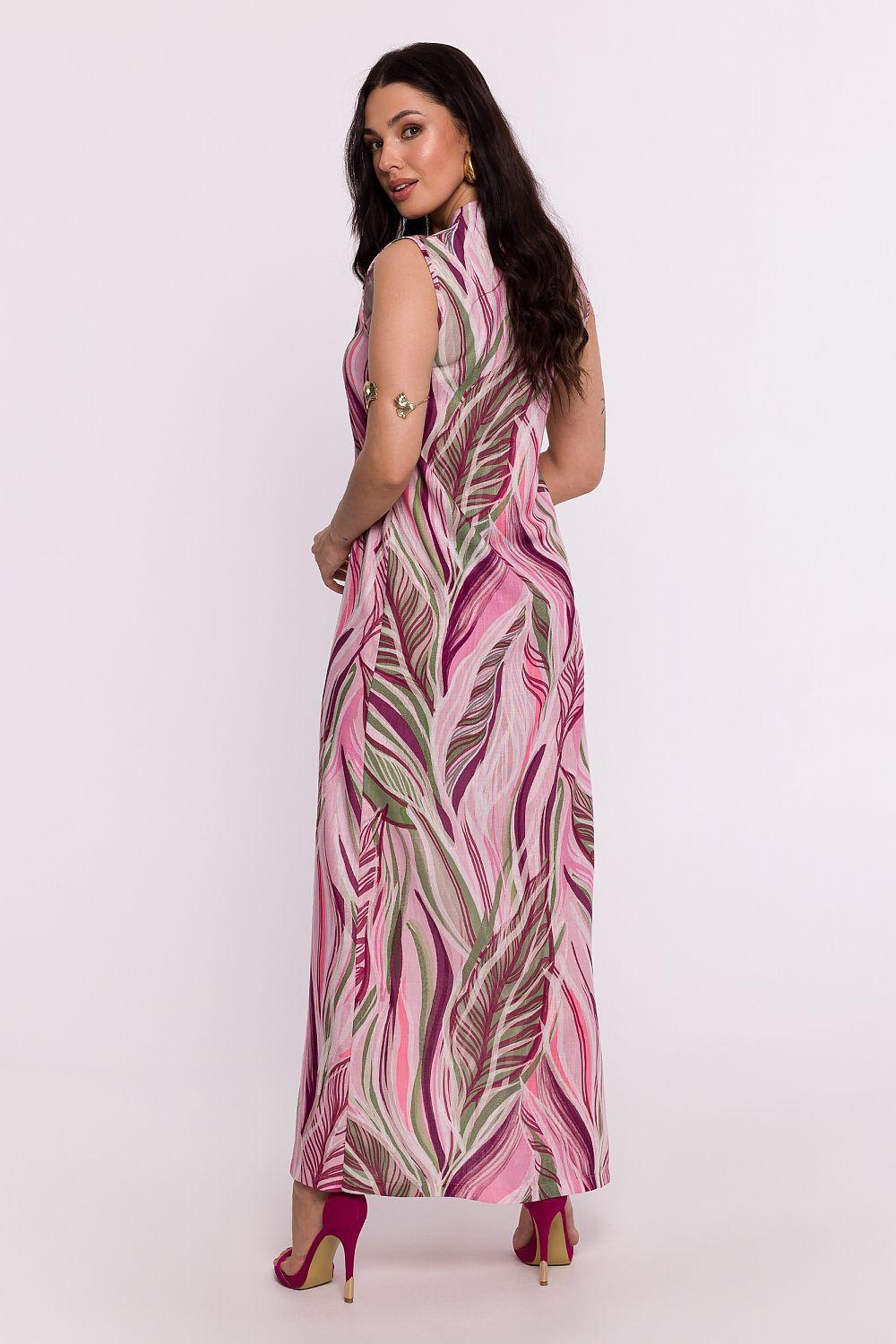 Pink-and-green leaf-print sleeveless maxi daydress, V-neck, tie waist, side view