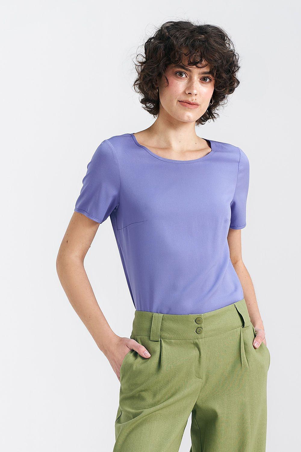 Violet short-sleeve blouse with round crew neck and smooth front