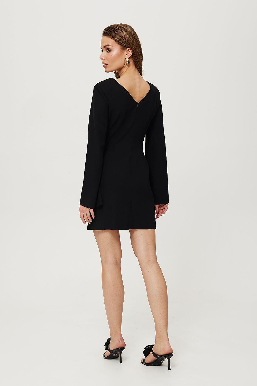 Black long-sleeve cocktail dress with V-neck and fitted skirt