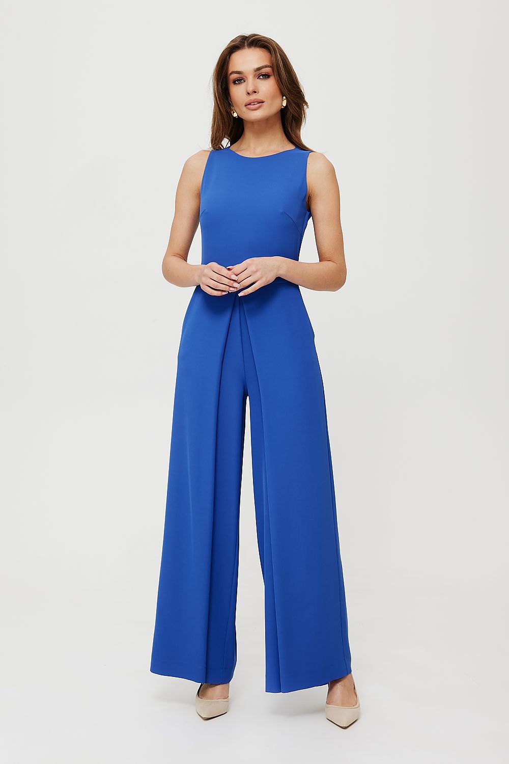 Blue sleeveless wide-leg jumpsuit with straight neckline