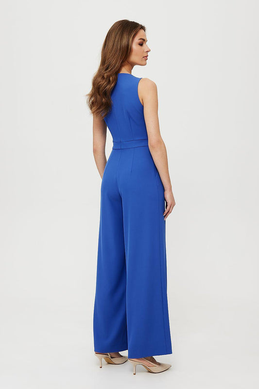 Blue sleeveless wide-leg jumpsuit, side view