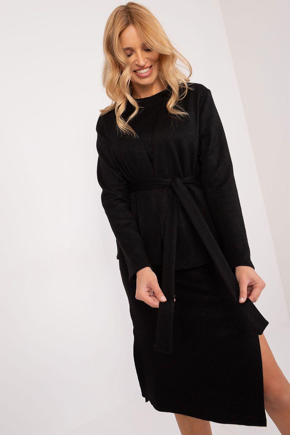 Black angora knit cardigan and matching dress set, long sleeve, front button