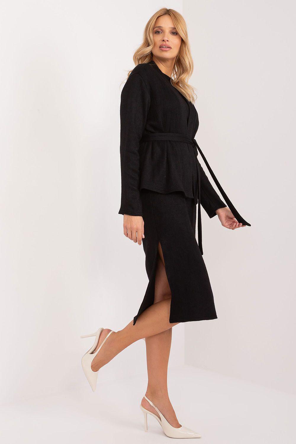 Black two-piece set with wrap blouse and belted skirt with side tie, midi length