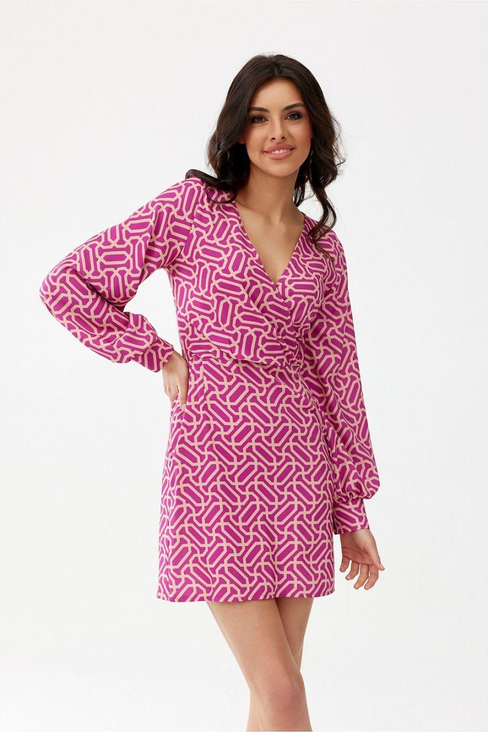 Cocktail dress with V-neck, long sleeves, pink geometric print, front view